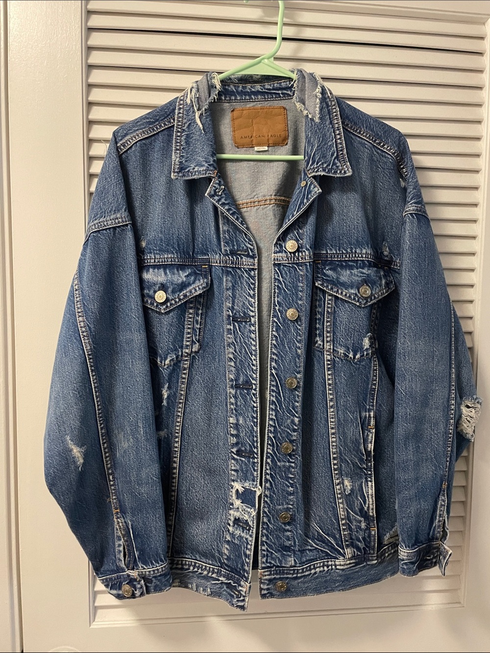 American Eagle Outfitters Distressed Oversized Blue Denim Jean Jacket